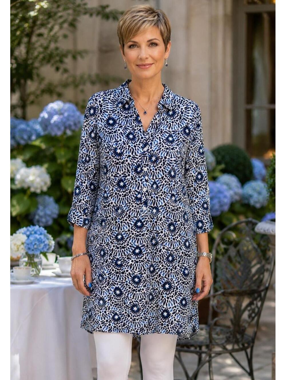 Talbot Womens Blue White Abstract Print Cotton Tunic Roll Tab Sleeve Shirt Dress
